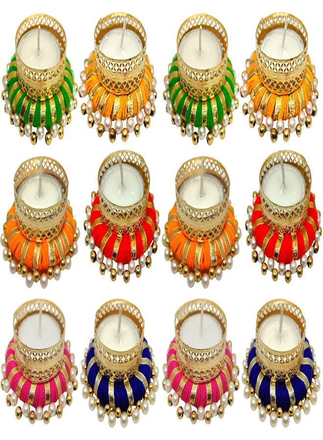 Anishop Mesmerizing Tealight Holder Festive Diya with Pearls/Stones, Diwali Home Decoration Items- Diya Candle Lights, Diyas for puja, Christmas Decorative Diwali Gift -12 Pcs